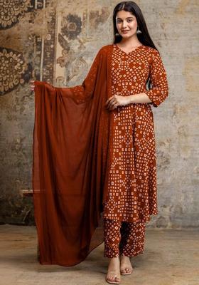 Brown Printed Viscose Kurta Set