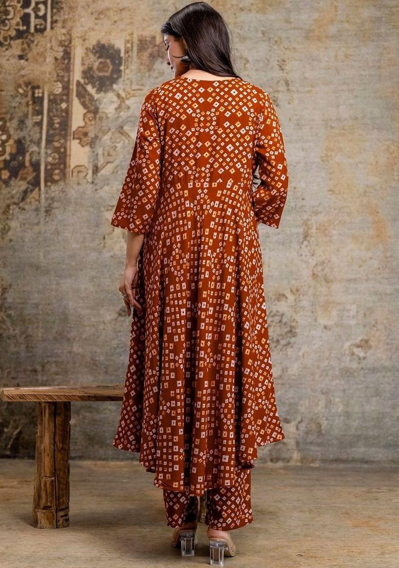 Brown Printed Viscose Kurta Set - Indya