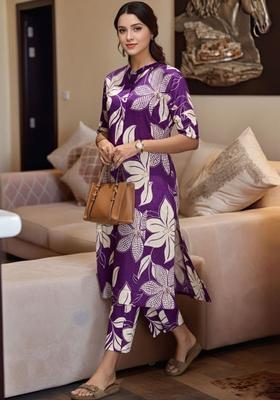 Purple Printed Viscose Kurta Set