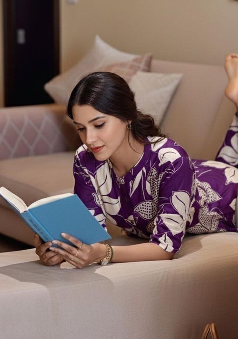 Purple Printed Viscose Kurta Set - Indya