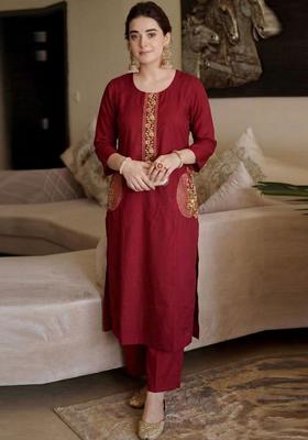 Maroon Embroidered Viscose Kurta Set