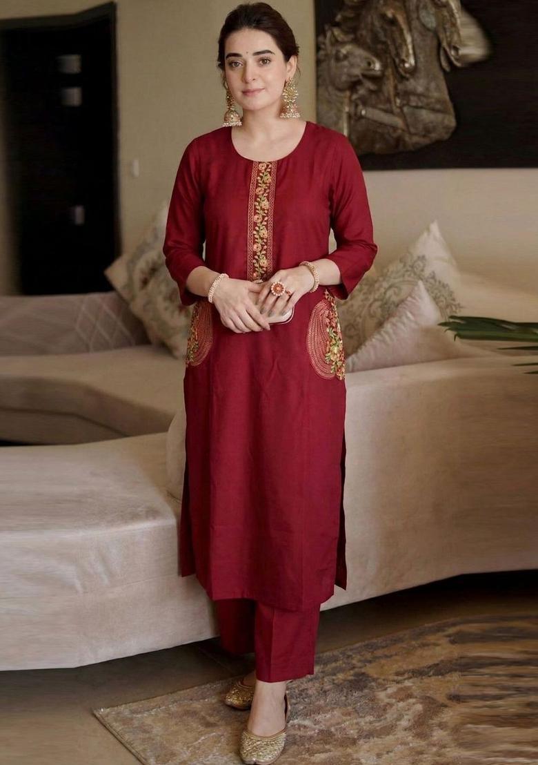 Maroon Embroidered Viscose Kurta Set - Indya