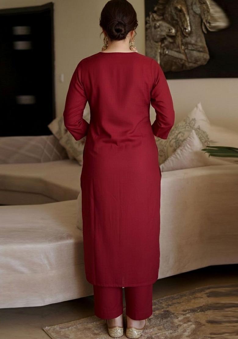 Maroon Embroidered Viscose Kurta Set - Indya