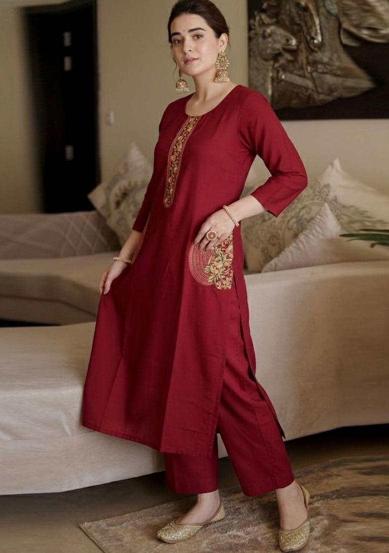 Maroon Embroidered Viscose Kurta Set - Indya