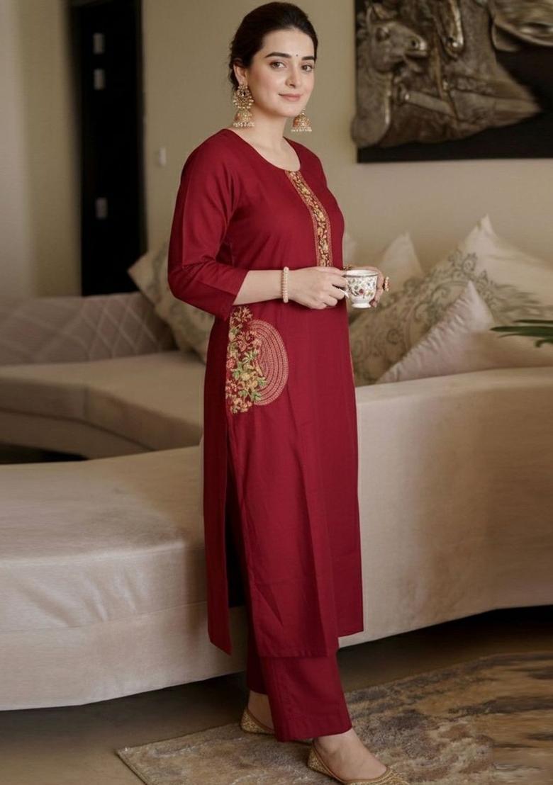 Maroon Embroidered Viscose Kurta Set - Indya