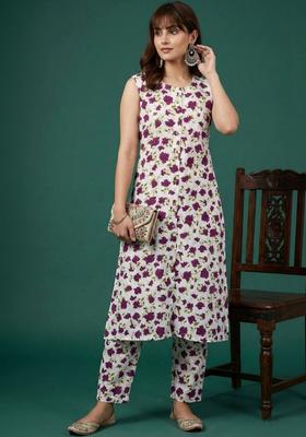 Purple Printed Viscose Kurta Set