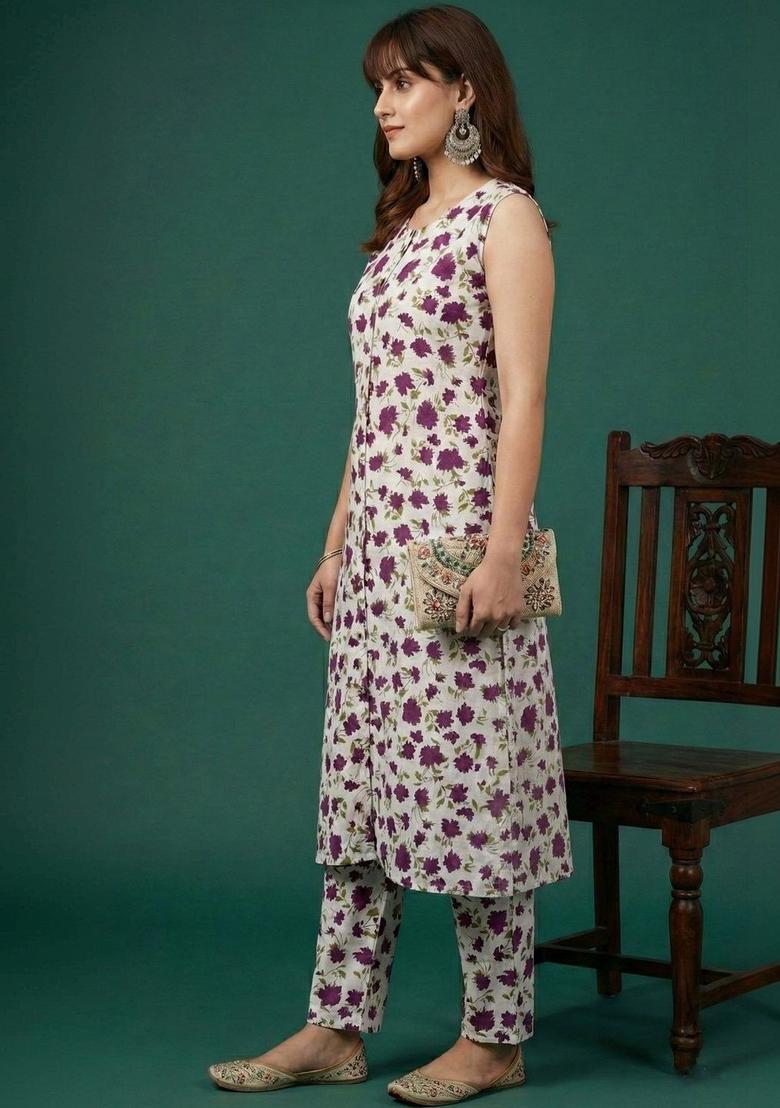 Purple Printed Viscose Kurta Set - Indya