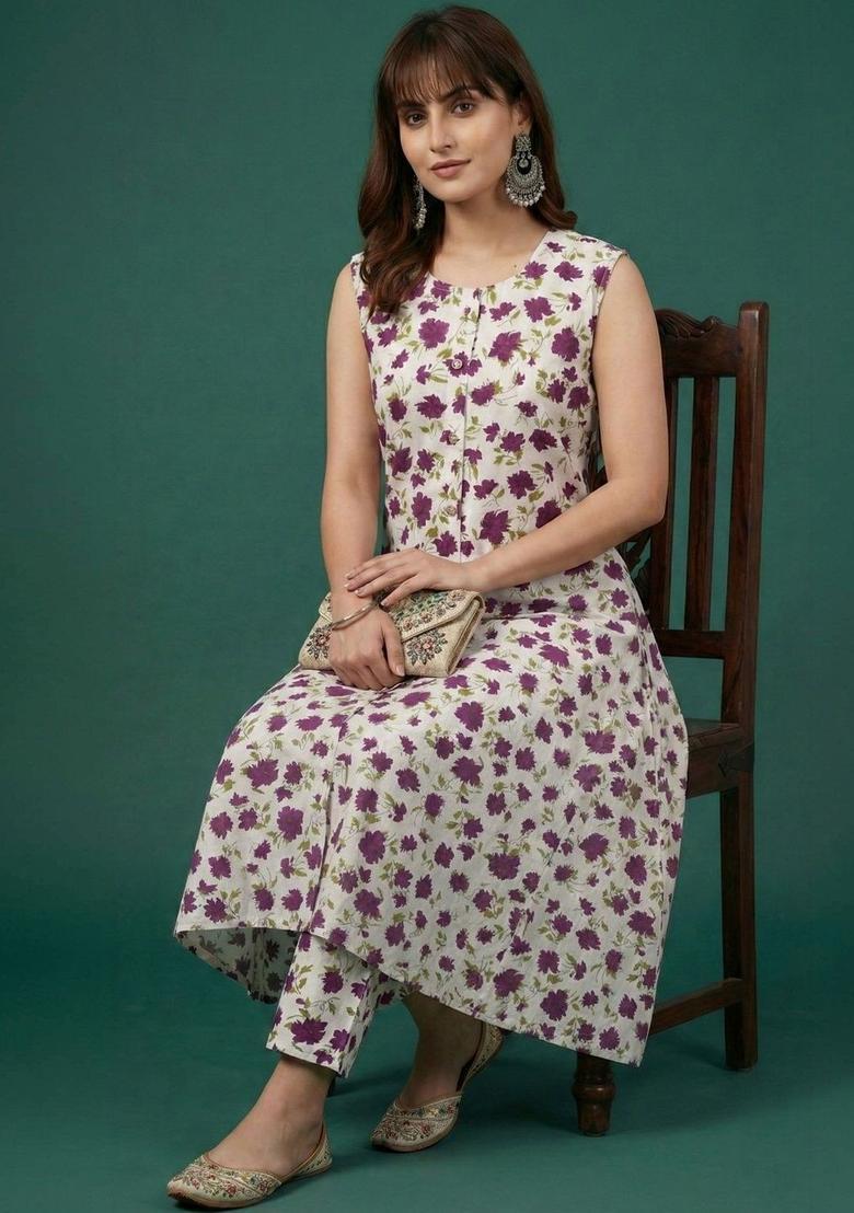 Purple Printed Viscose Kurta Set - Indya
