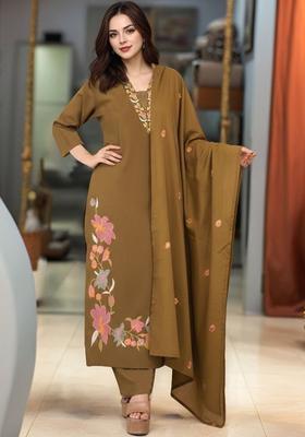 Olive Embroidered Viscose Kurta Set