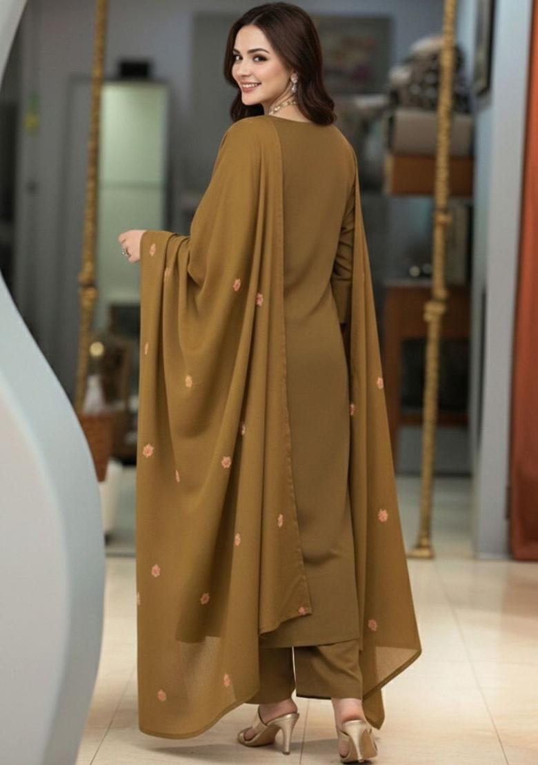 Olive Embroidered Viscose Kurta Set - Indya