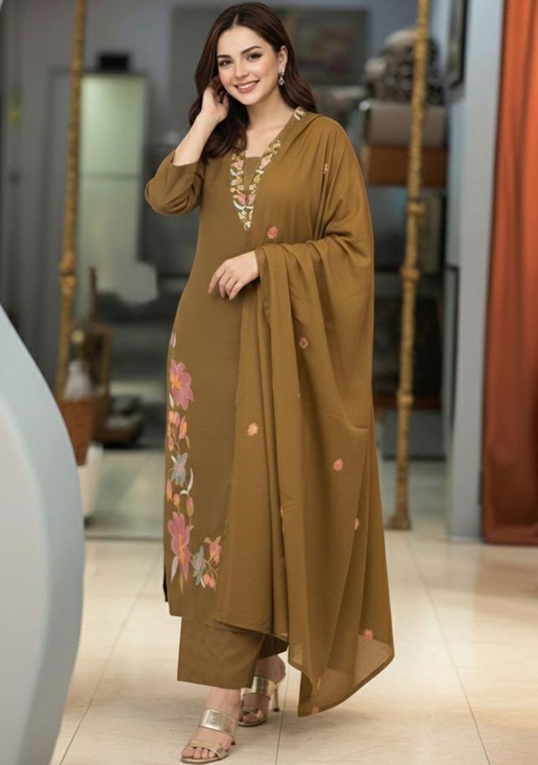 Olive Embroidered Viscose Kurta Set - Indya