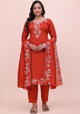 Red Embroidered Silk Kurta Set