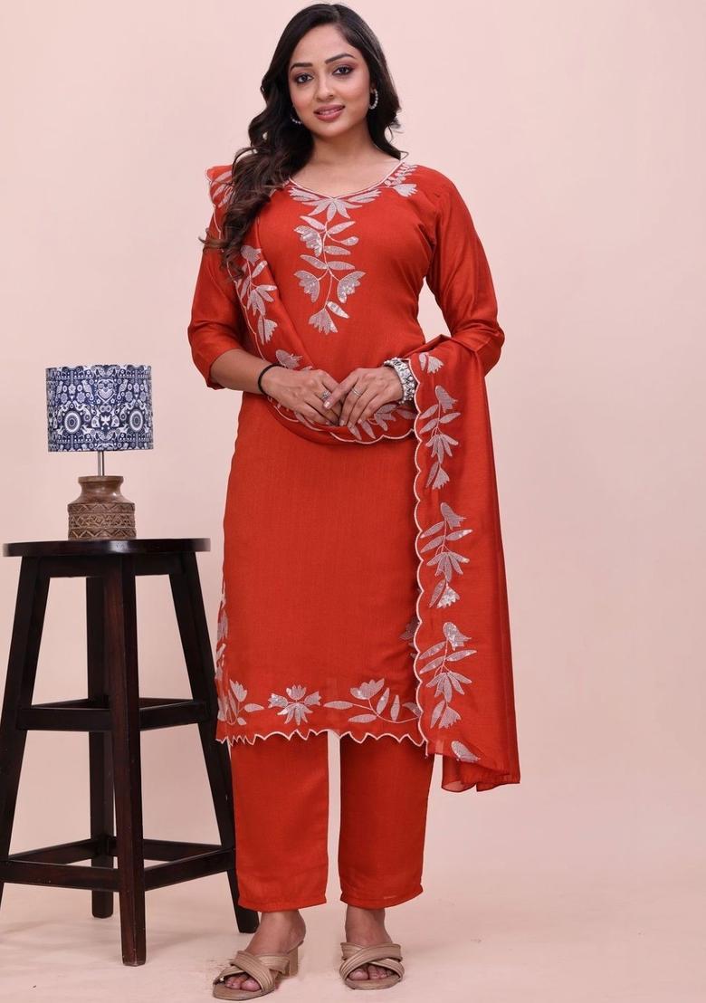 Red Embroidered Silk Kurta Set - Indya