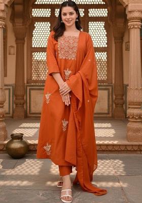 Orange Embroidered Viscose Kurta Set