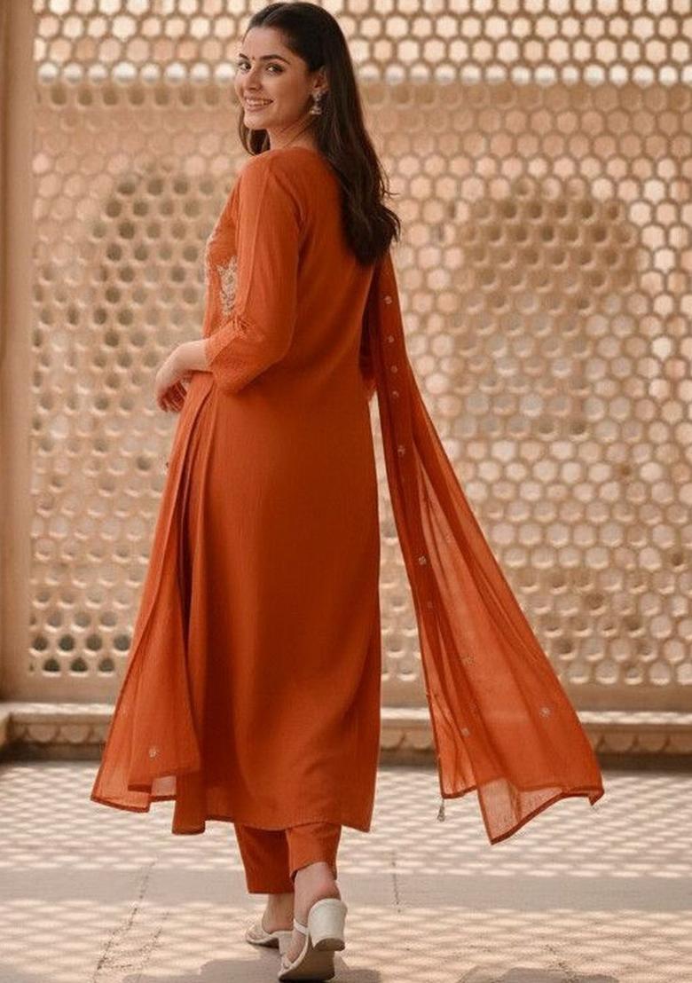 Orange Embroidered Viscose Kurta Set - Indya