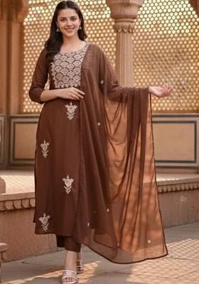 Brown Embroidered Viscose Kurta Set