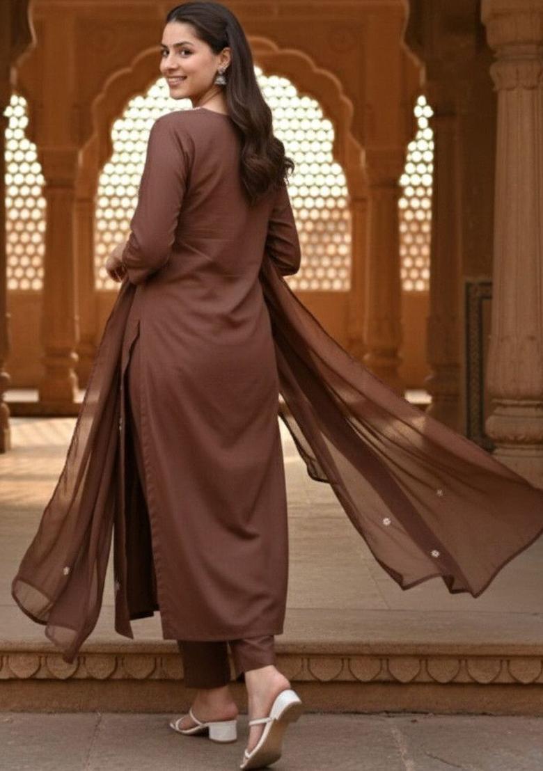 Brown Embroidered Viscose Kurta Set - Indya