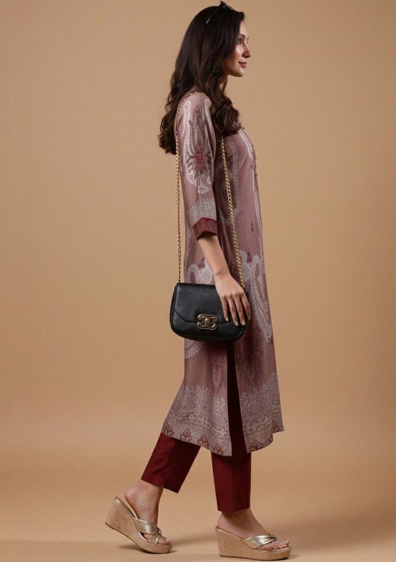 Pink Printed Silk Kurta Set - Indya