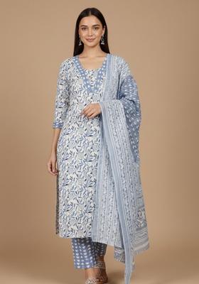 Off White Printed Cotton Kurta Set