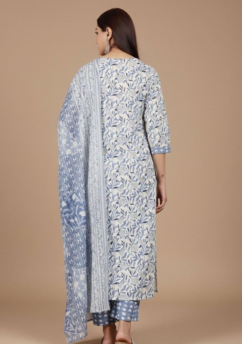 Off White Printed Cotton Kurta Set - Indya