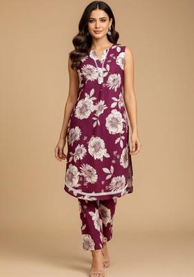 Maroon Printed Cotton Kurta Set