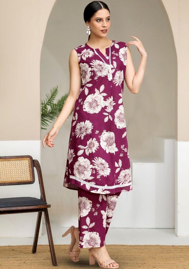 Maroon Printed Cotton Kurta Set - Indya