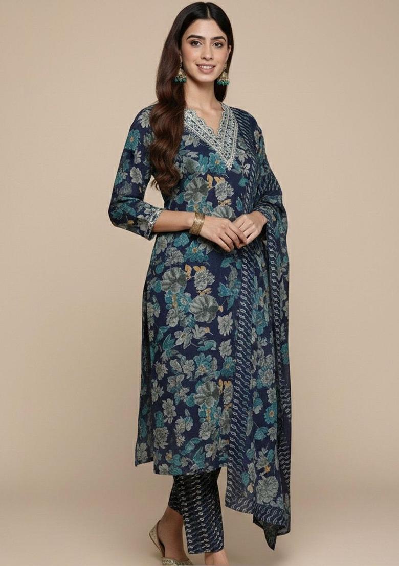 Navy Blue Printed Silk Kurta Set - Indya