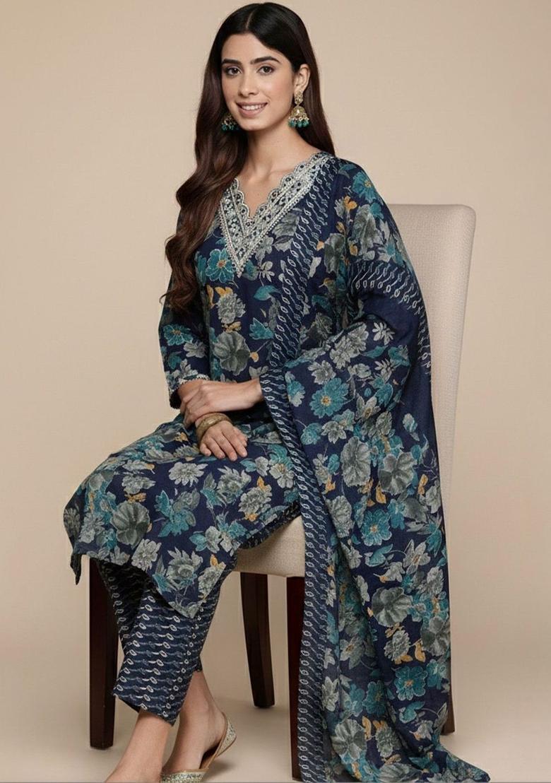 Navy Blue Printed Silk Kurta Set - Indya