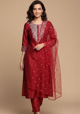 Maroon Embroidered Silk Kurta Set