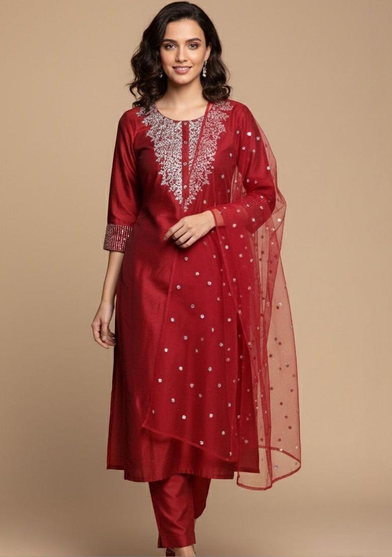 Maroon Embroidered Silk Kurta Set - Indya