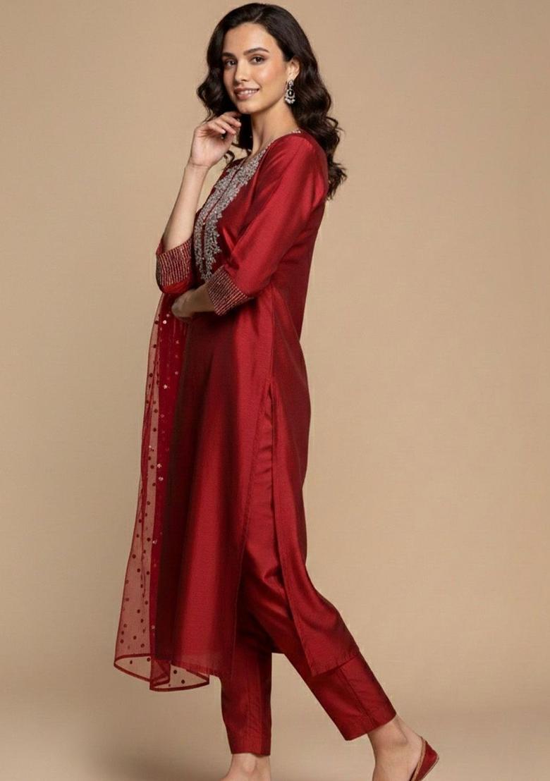 Maroon Embroidered Silk Kurta Set - Indya