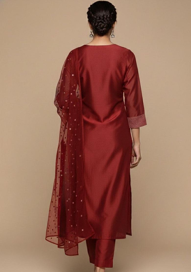 Maroon Embroidered Silk Kurta Set - Indya