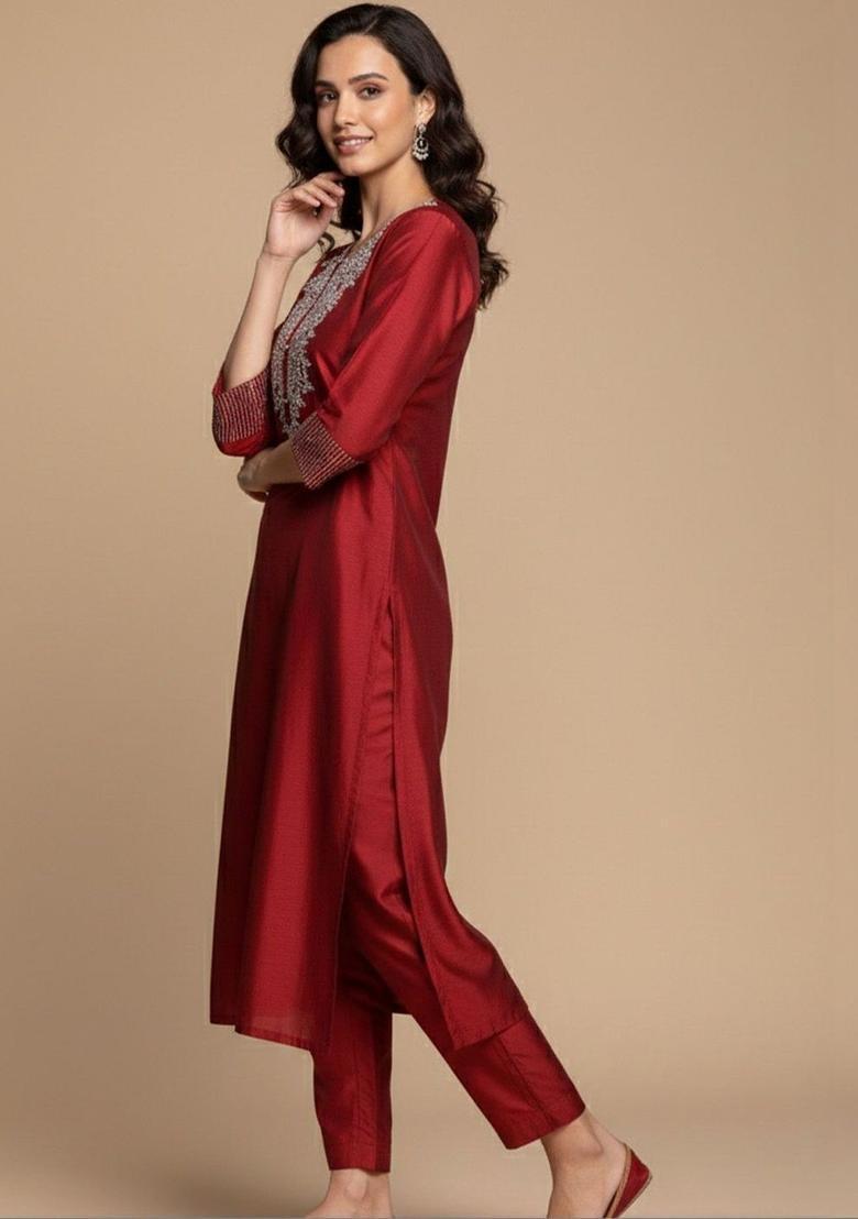 Maroon Embroidered Silk Kurta Set - Indya