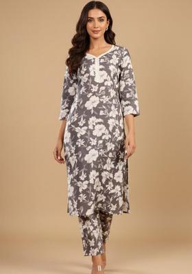 Grey Printed Cotton Kurta Set