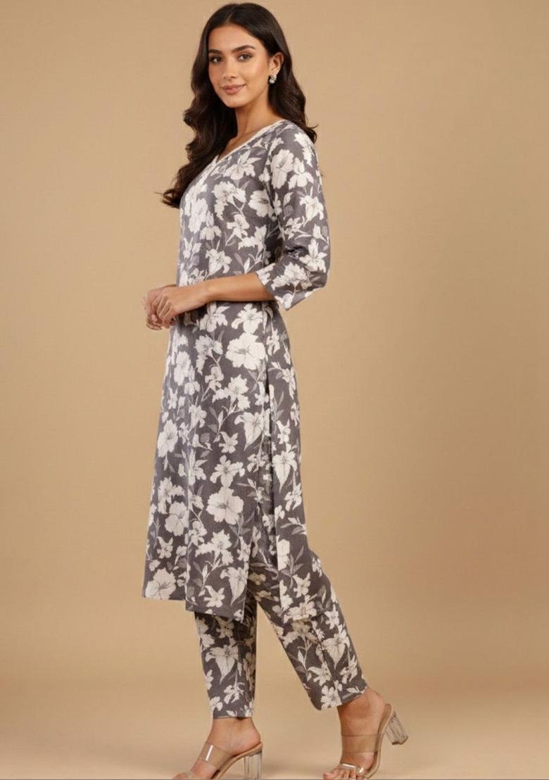 Grey Printed Cotton Kurta Set - Indya