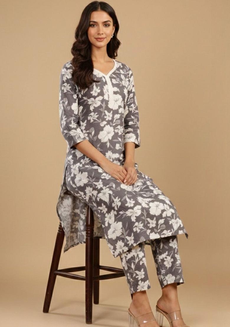 Grey Printed Cotton Kurta Set - Indya