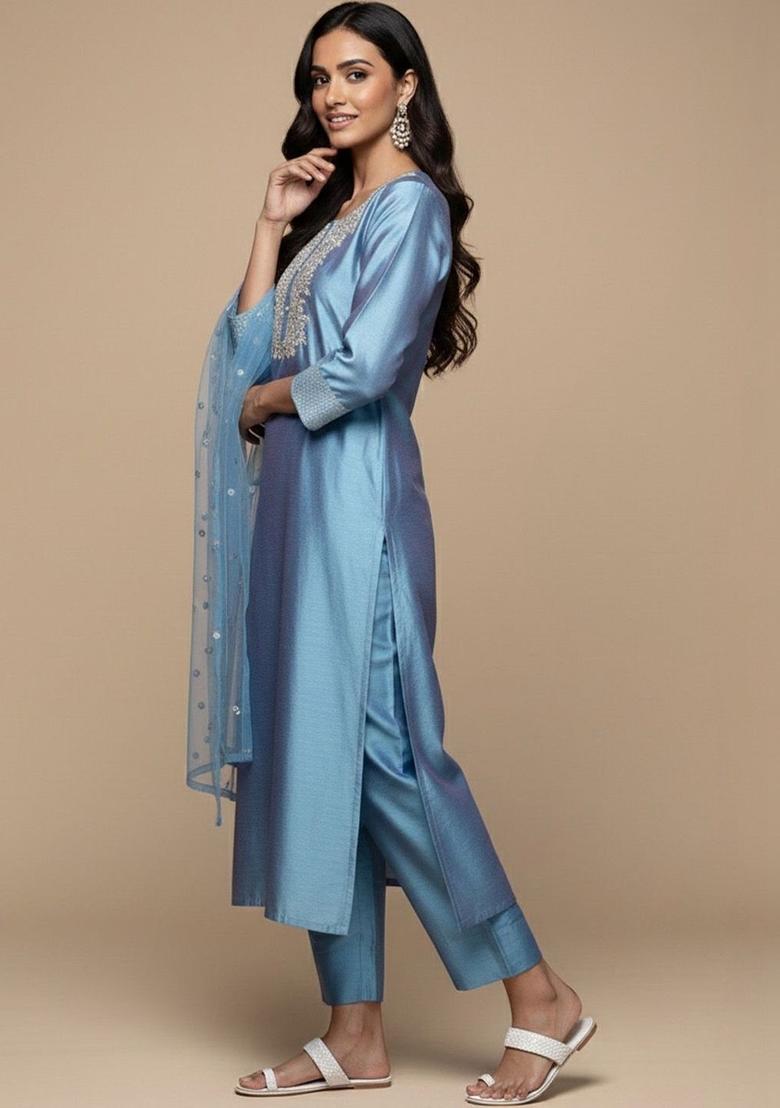 Turquoise Blue Embroidered Silk Kurta Set - Indya