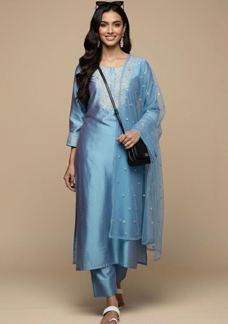 Turquoise Blue Embroidered Silk Kurta Set - Indya