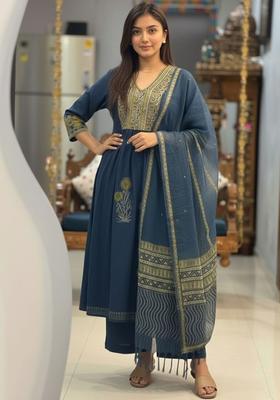 Navy Blue Printed Viscose Kurta Set