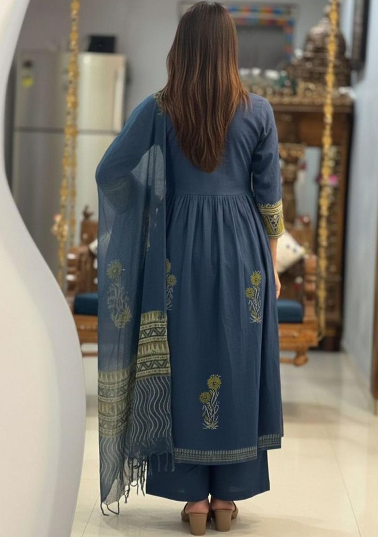 Navy Blue Printed Viscose Kurta Set - Indya