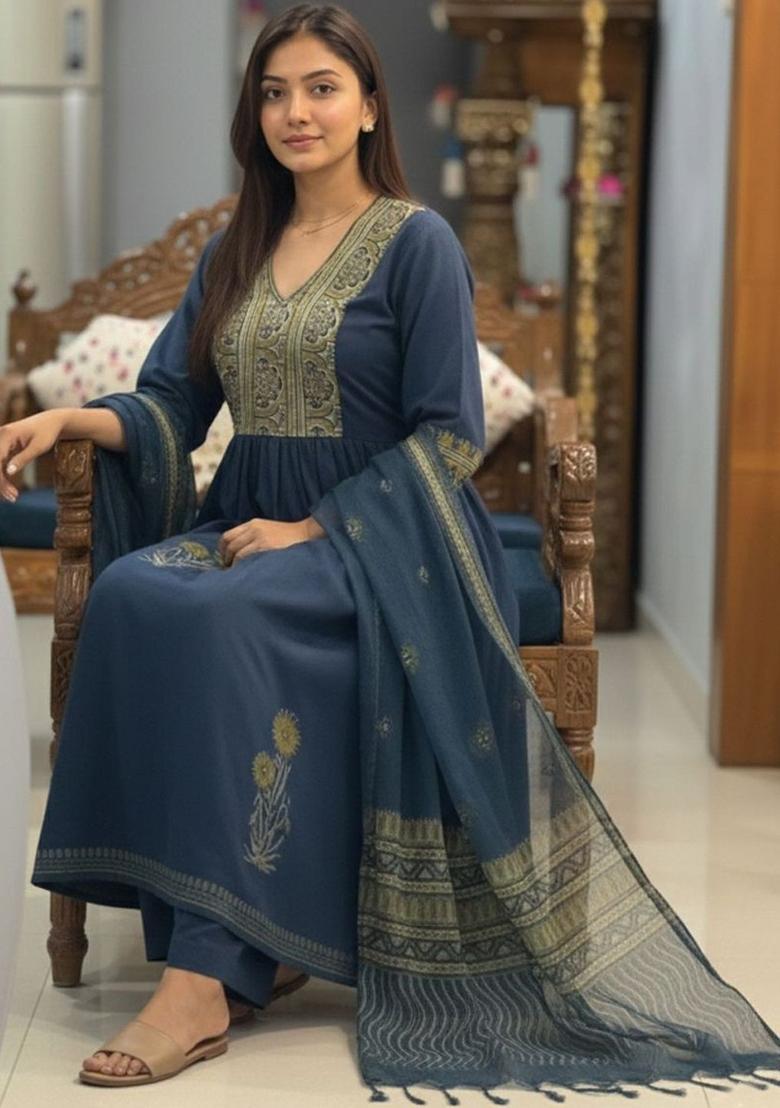 Navy Blue Printed Viscose Kurta Set - Indya