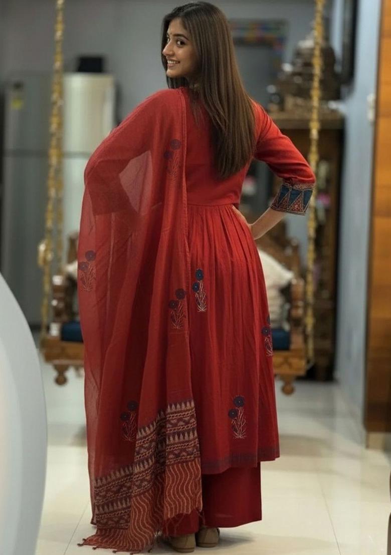 Red Printed Viscose Kurta Set - Indya