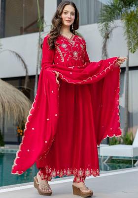 Red Embroidered Silk Kurta Set