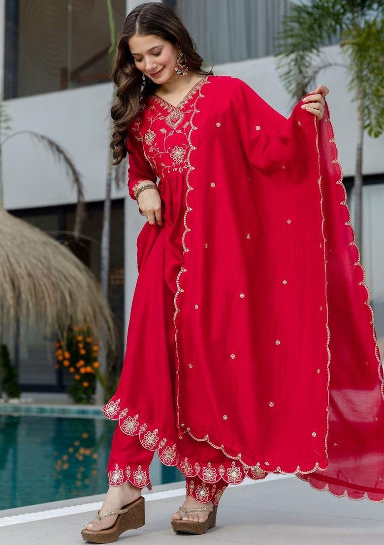 Red Embroidered Silk Kurta Set - Indya