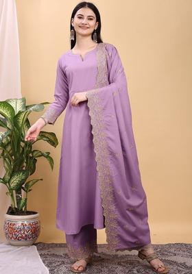 Purple Solid Viscose Kurta Set