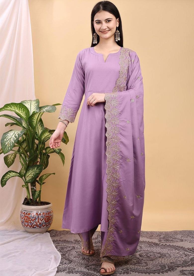 Purple Solid Viscose Kurta Set - Indya