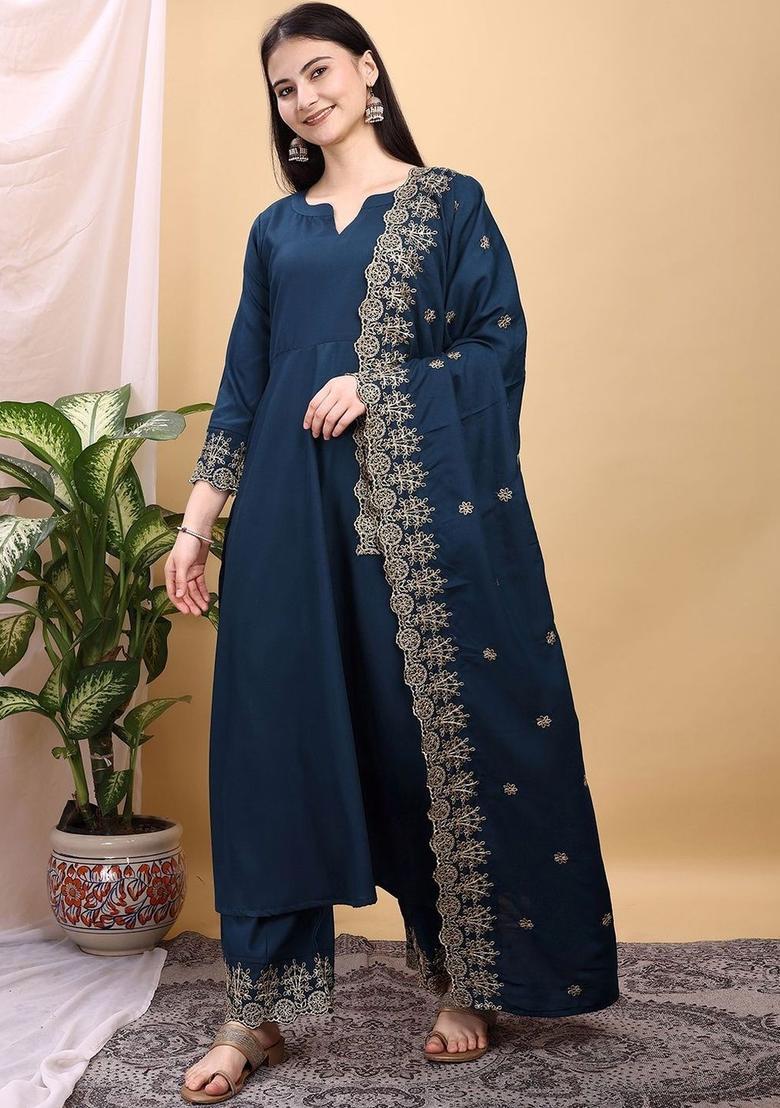 Blue Embroidered Viscose Kurta Set - Indya
