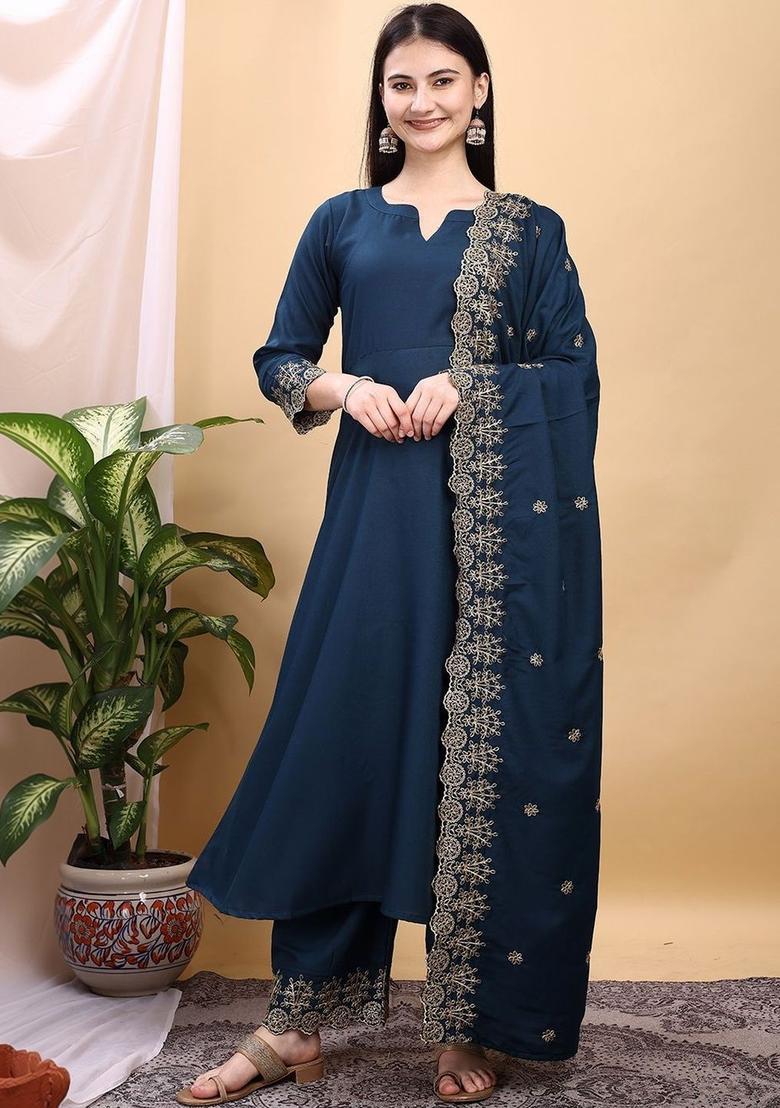 Blue Embroidered Viscose Kurta Set - Indya