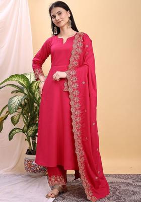 Pink Solid Viscose Kurta Set