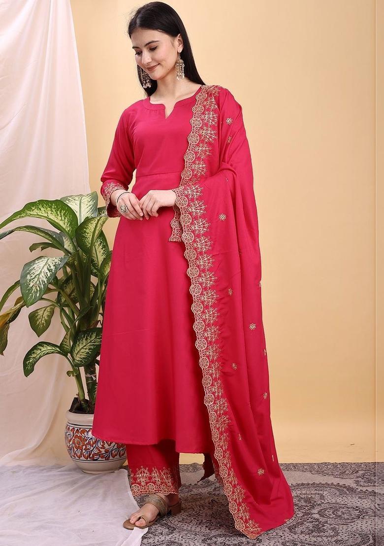Pink Solid Viscose Kurta Set - Indya